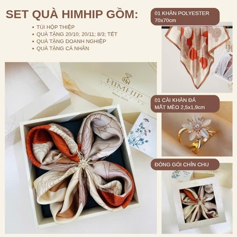 Set Quà 20/10 HimHip Khăn Lụa 70x70cm & Cài Khăn Kèm Túi Hộp Thiệp - 1392