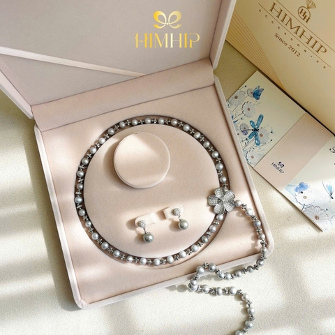 Set Trang Sức HimHip Vòng Cổ Ngân Hoa Trai Thật 7-8li, Khuyên Tai Tinh Thể Ngọc Trai 0.9x2.2cm Kèm Túi Hộp Thiệp -116