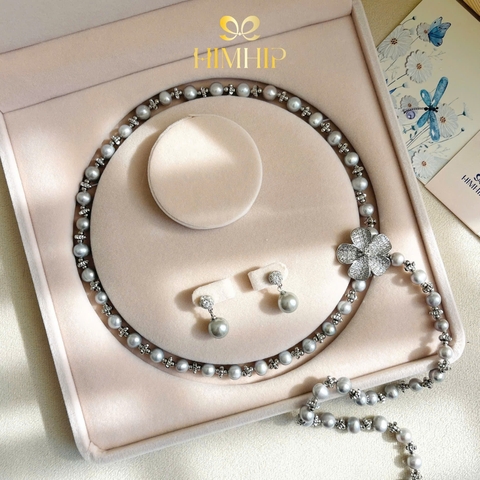 Set Trang Sức HimHip Vòng Cổ Ngân Hoa Trai Thật 7-8li, Khuyên Tai Tinh Thể Ngọc Trai 0.9x2.2cm Kèm Túi Hộp Thiệp -116