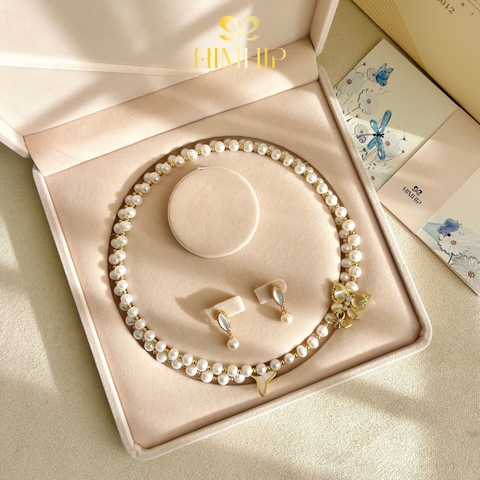 Set Trang Sức HimHip Vòng Cổ Trai Dị 8li Mắt Mèo Đuôi Cá 80.5cm, Khuyên Tai Ngắn Trai Thật Phối Đá Thoi 2.7x0.7cm Kèm Túi Hộp Thiệp - 117