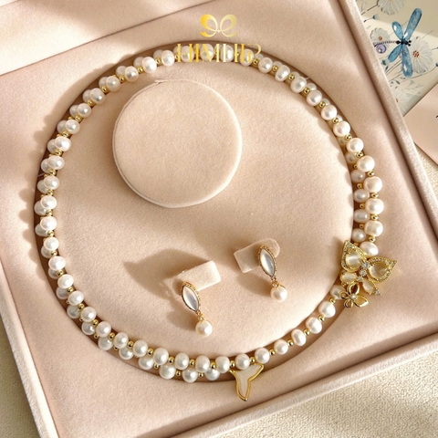 Set Trang Sức HimHip Vòng Cổ Trai Dị 8li Mắt Mèo Đuôi Cá 80.5cm, Khuyên Tai Ngắn Trai Thật Phối Đá Thoi 2.7x0.7cm Kèm Túi Hộp Thiệp - 117
