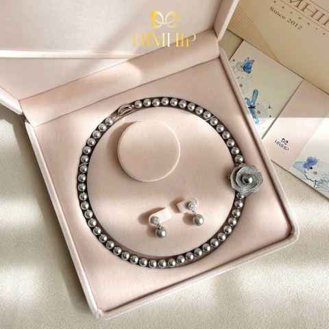 Set Trang Sức HimHip Vòng Cổ Tinh Thể Ngọc Trai 8li Sang Trọng 40cm, Khuyên Tai Ngắn Tinh Thể Ngọc Trai 0.9x2.2cm, Cài Áo Hoa Hồng Xoắn Nụ Giả Trai 2.8cm Kèm Túi Hộp Thiệp -121