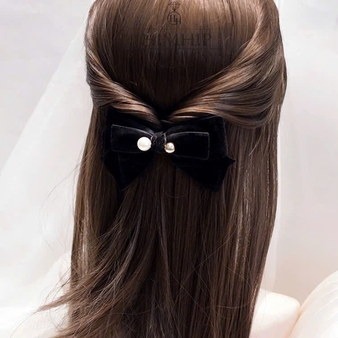 Kẹp Bối, Búi Lưới HimHip Đính 2 Hạt Giả Trai Nơ Nhung Thanh Lịch 14cm
