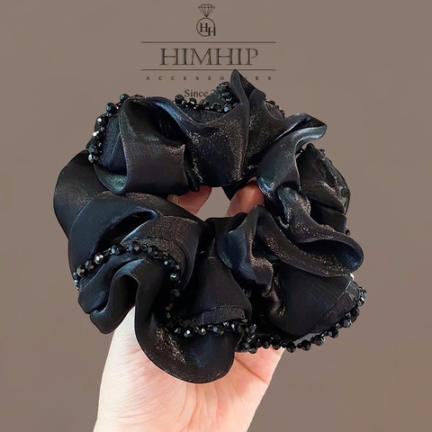 Scrunchies HimHip Vải Voan Bóng Phối Viền Đá Phale Đen 10.5cm