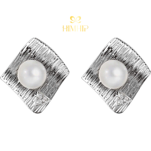 Khuyên Tai Nụ HimHip HKCC Gờ Sóng Trắng 1.5cm Gắn Hạt Trai Thật 6ly