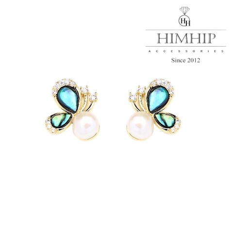 Khuyên Tai Nụ HimHip Bướm Vân Xanh Sang Trọng HKCC Mix Ngọc Trai Thật 1.2x1.2cm Phụ Kiện Áo Dài