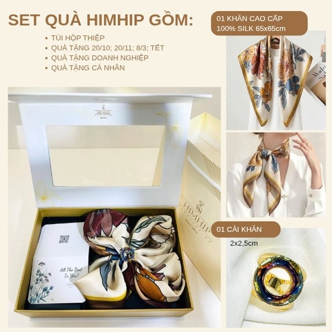 Set Quà HimHip Khăn Lụa Cao Cấp 65x65cm & Cài Khăn Kèm Túi Hộp Thiệp - 1328