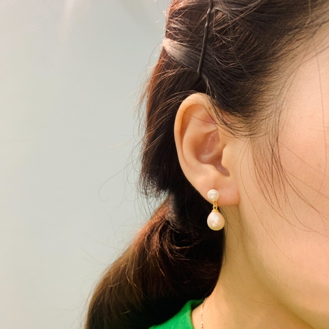 Khuyên Tai Ngắn HimHip Dáng Thả Sang Trọng HKCC Mix Ngọc Trai Thật 1x2cm