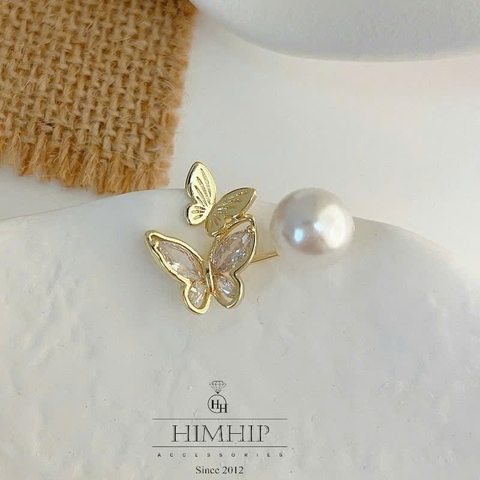 Trâm, Ghim Cài Xiên HimHip Đôi Bướm Vàng Sang Trọng HKCC Mix Hạt Giả Trai 3.5cm
