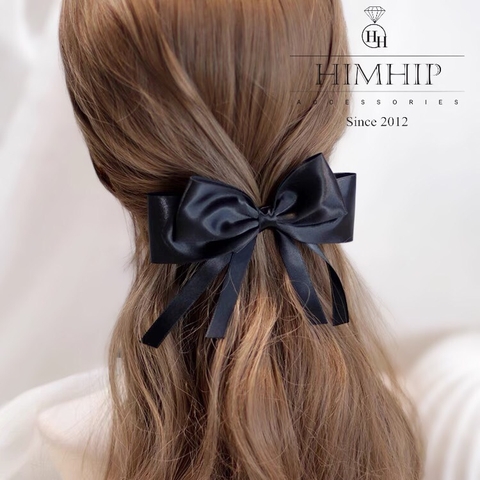 Kẹp Bối, Búi Lưới HimHip Phối Vải Trơn Nơ Đen Tua Rua Thanh Lịch 13cm