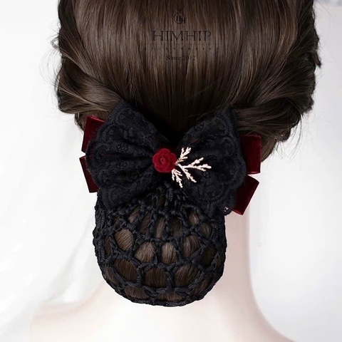 Kẹp Bối, Búi Lưới HimHip Phối Vải Nhung Nơ Đen Charm Hoa Hồng Tiểu Thư Sang Trọng 13x8cm