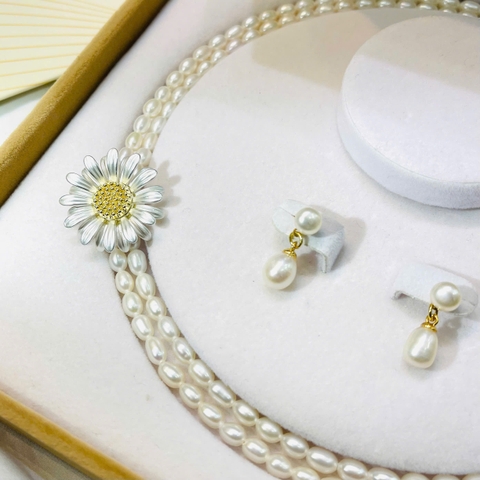 Set Trang Sức HimHip Vòng Cổ Trai Thật 4ly 80.7cm, Khuyên Trai Thật 1*2cm Sang Trọng Kèm Hộp