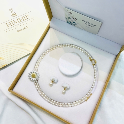 Set Trang Sức HimHip Vòng Cổ Trai Thật 4ly 80.7cm, Khuyên Trai Thật 1*2cm Sang Trọng Kèm Hộp