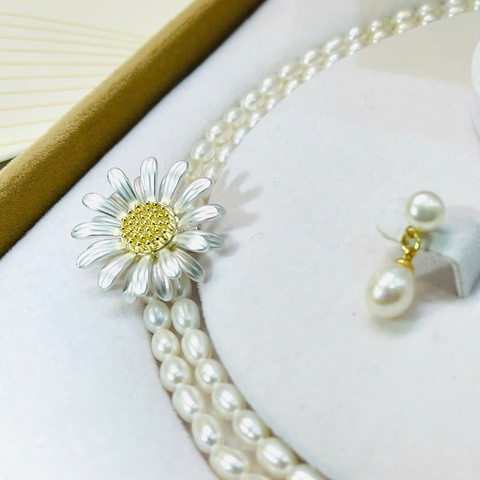 Set Trang Sức HimHip Vòng Cổ Trai Thật 4ly 80.7cm, Khuyên Trai Thật 1*2cm Sang Trọng Kèm Hộp