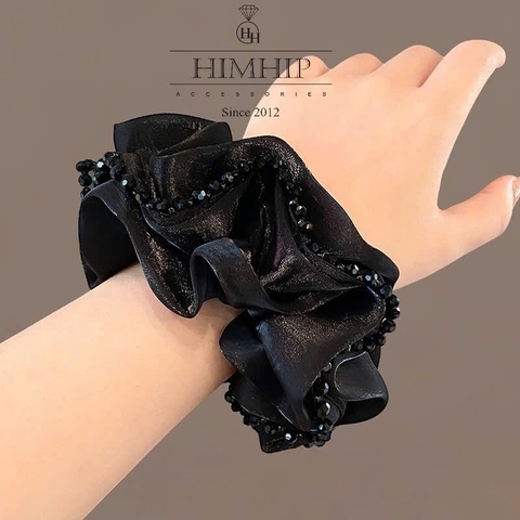 Scrunchies HimHip Vải Voan Bóng Phối Viền Đá Phale Đen 10.5cm