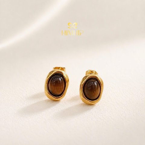 Khuyên Tai Nụ HimHip TiTan Đá Nâu Viền Sóng Nước Cổ Điển 1x1.5cm