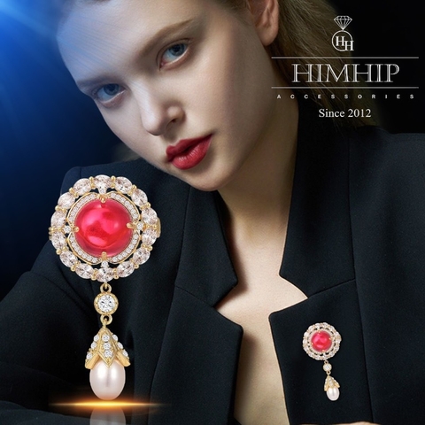 Trâm, Ghim Cài Áo Nhỏ HimHip Bông Hoa Đỏ Dáng Thả Sang Trọng HKCC Mix Trai 2*4,8cm