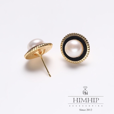 Khuyên Tai Nụ HimHip Nụ Trai Viền Đen Vàng Sang Trọng HKCC Mix Trai Thật 1.5cm Phụ Kiện Áo Dài