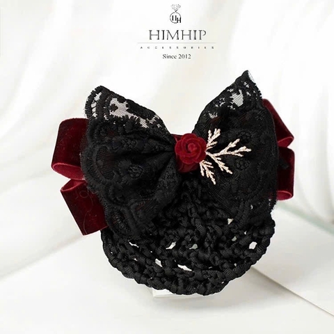 Kẹp Bối, Búi Lưới HimHip Phối Vải Nhung Nơ Đen Charm Hoa Hồng Tiểu Thư Sang Trọng 13x8cm