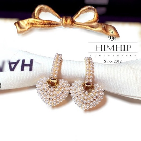 Khuyên Tai Ngắn HimHip Trái Tim Đáng Yêu HKCC Mix Ngọc Trai Nhỏ 1.7x2.5cm