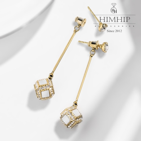 Khuyên Tai Dài HimHip Sợi Mảnh Phối Mặt Lập Phương Thanh Lịch HKCC Đính Phale 1x6cm