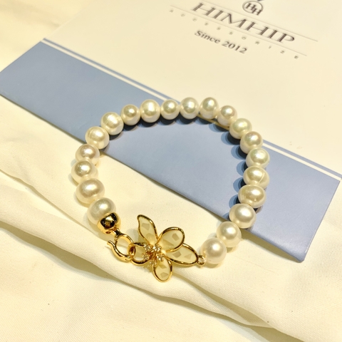 Vòng Tay HimHip Trai Thật Khóa Mặt Hoa 4 Cánh Nhụy Phale Sang Trọng 18cm - Trắng