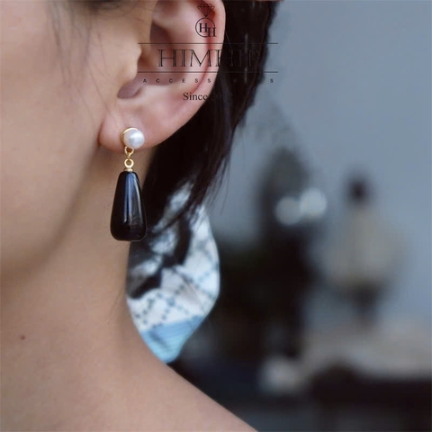 Khuyên Tai Ngắn HimHip Dáng Dài Sang Trọng HKCC Mix Trai Thật 6ly, Đá Mã Não 2x1cm