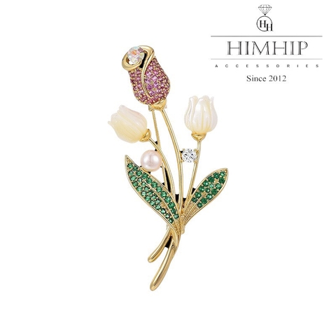 Trâm, Ghim Cài Áo HimHip Cành Hoa Tulip Thanh Lịch HKCC Đính Phale 2,5*5,8cm