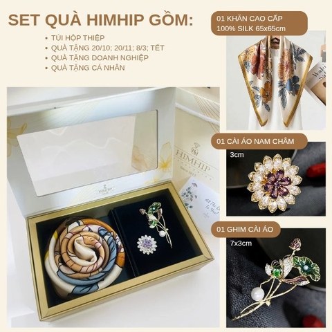 Set Quà HimHip Khăn Lụa Cao Cấp 65x65cm & Cài Áo Kèm Túi Hộp Thiệp - 1364