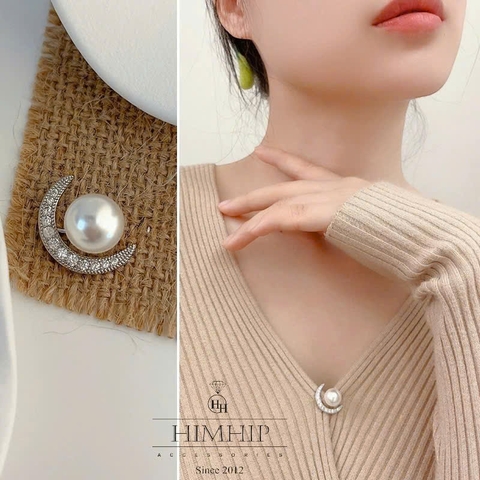 Trâm, Ghim Cài Xiên HimHip Mặt Trăng Khuyết Thanh Lịch HKCC Đính Phale, Hạt Giả Trai 2x1.5cm