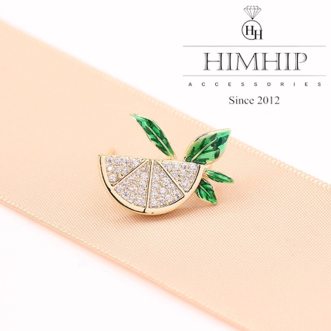Trâm, Ghim Cài Áo Nhỏ HimHip Quả Chanh Lá Xanh Sang Trọng HKCC Đính Phale 1*1,5cm