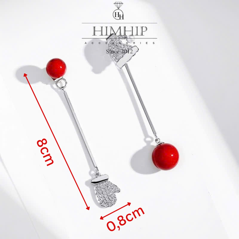 [Noel] Khuyên Tai Dài Himhip Set Mũ Găng Tay Đáng Yêu HKCC Đính Phale, Hạt Giả Trai Đỏ 4x0.8cm
