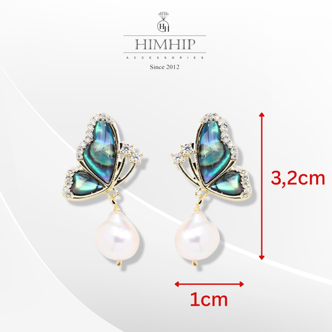 Khuyên Tai Ngắn HimHip Bướm Vân Xanh Sang Trọng HKCC Mix Ngọc Trai Dị 2.8x1cm Phụ Kiện Áo Dài
