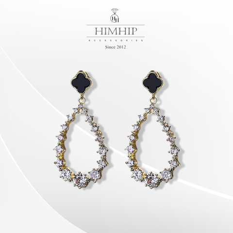 Khuyên Tai Ngắn HimHip Giọt Nước Phối Hoa 4 Cánh Sang Trọng HKCC Đính Phale 1.5x3.5cm
