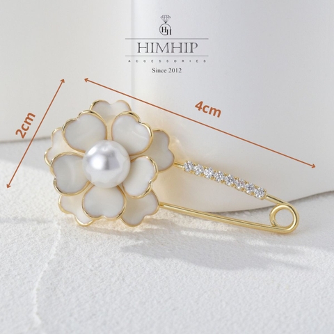 Trâm, Ghim Cài Kim Băng HimHip Hoa Trà Trắng Sang Trọng HKCC Mix Trai 2x4cm