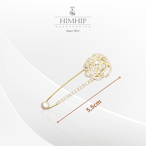 Trâm, Ghim Cài Kim Băng HimHip Hoa Hồng Vàng Xoắn Sang Trọng HKCC Đính Phale 5.5cm