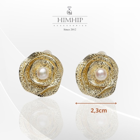 Khuyên Tai Nụ HimHip Mặt Hoa Hồng Vàng Sang Trọng HKCC Mix Ngọc Trai Thật 2.3x2.3cm