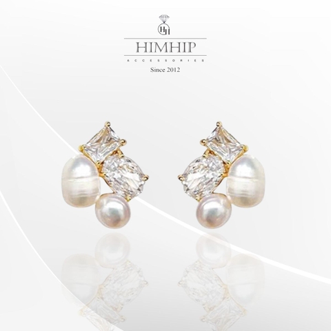 Khuyên Tai Nụ HimHip Mặt Vuông Viền Vàng Sang Trọng HKCC Đính Phale, Trai Thật 1cm