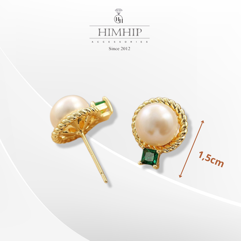 Khuyên Tai Nụ HimHip Mặt Trai Viền Vàng Sang Trọng HKCC Đính Phale, Ngọc Trai 1.5cm Phụ Kiện Áo Dài