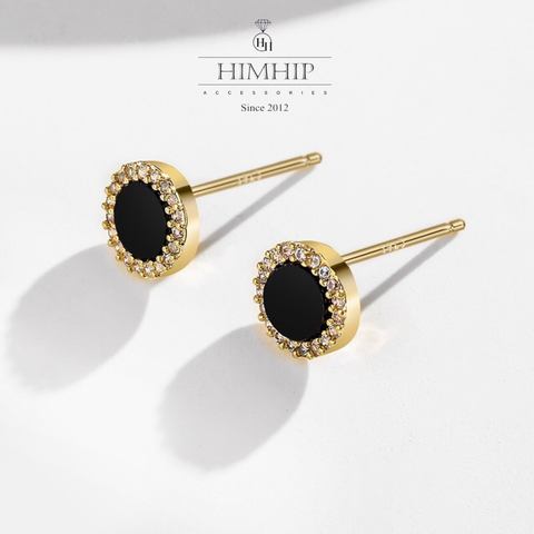 Khuyên Tai Nụ HimHip Mặt Đá Đen Viền Vàng Thanh Lịch HKCC Đính Phale 0,7->0.9cm
