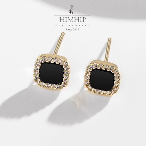 Khuyên Tai Nụ HimHip Mặt Đá Đen Viền Vàng Thanh Lịch HKCC Đính Phale 0,7->0.9cm