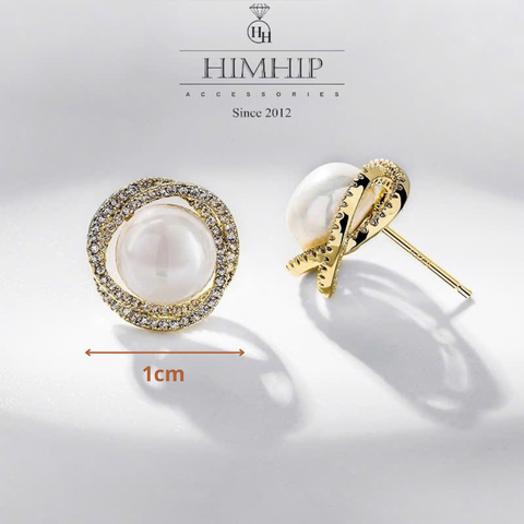 Khuyên Tai Nụ HimHip Nụ Trai Viền Xoắn Vàng Thanh Lịch HKCC Đính Phale, Ngọc Trai 1cm Phụ Kiện Áo Dài