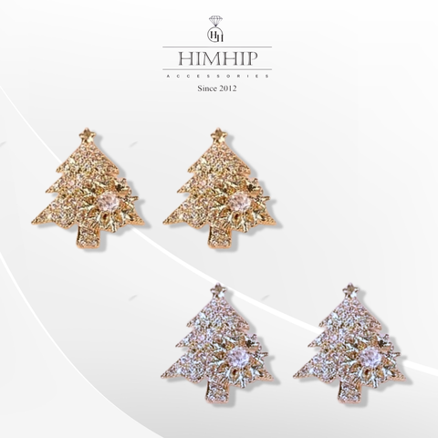 [Noel] Khuyên Tai Nụ HimHip Cây Thông Nhỏ & Bông Tuyết Xoay Vòng 0.8cm Thanh Lịch HKCC Đính Phale 1.8x1cm