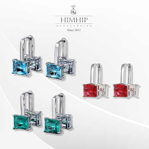 Khuyên Tai Ngắn HimHip Mặt Đá Vuông Sang Trọng HKCC Đính Phale 1x2cm
