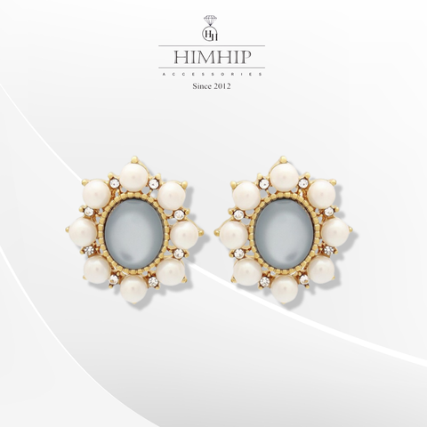 Khuyên Tai Ngắn HimHip Mặt Hoa Sang Trọng HKCC Đính Đá Phale, Ngọc Trai 2.1x1.9cm