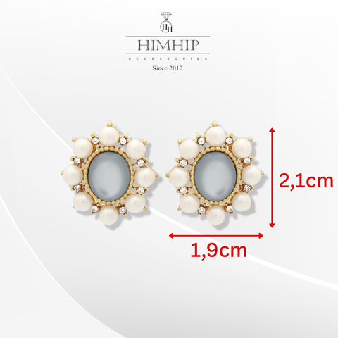 Khuyên Tai Ngắn HimHip Mặt Hoa Sang Trọng HKCC Đính Đá Phale, Ngọc Trai 2.1x1.9cm