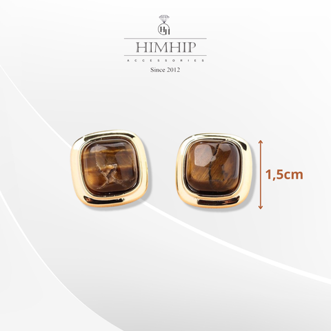 Khuyên Tai Nụ HimHip Mặt Đá Nâu Viền Vàng Sang Trọng HKCC Đính Đá 1.5x1.5cm