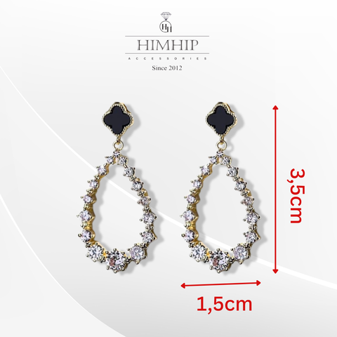 Khuyên Tai Ngắn HimHip Giọt Nước Phối Hoa 4 Cánh Sang Trọng HKCC Đính Phale 1.5x3.5cm