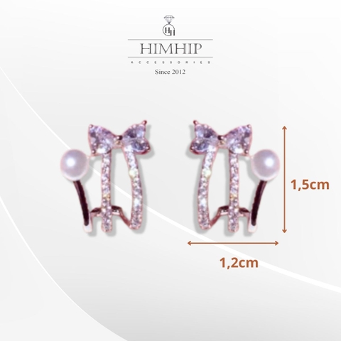 Khuyên Tai Nụ HimHip Vòng Xoắn Thắt Nơ Sang Trọng HKCC Đính Phale, Ngọc Trai 1.2x1.5cm