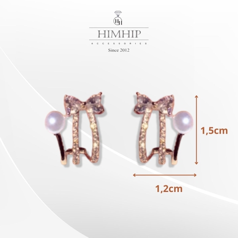 Khuyên Tai Nụ HimHip Vòng Xoắn Thắt Nơ Sang Trọng HKCC Đính Phale, Ngọc Trai 1.2x1.5cm